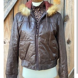 - Vintage fur trimmed hooded leather bomber jacket aviator